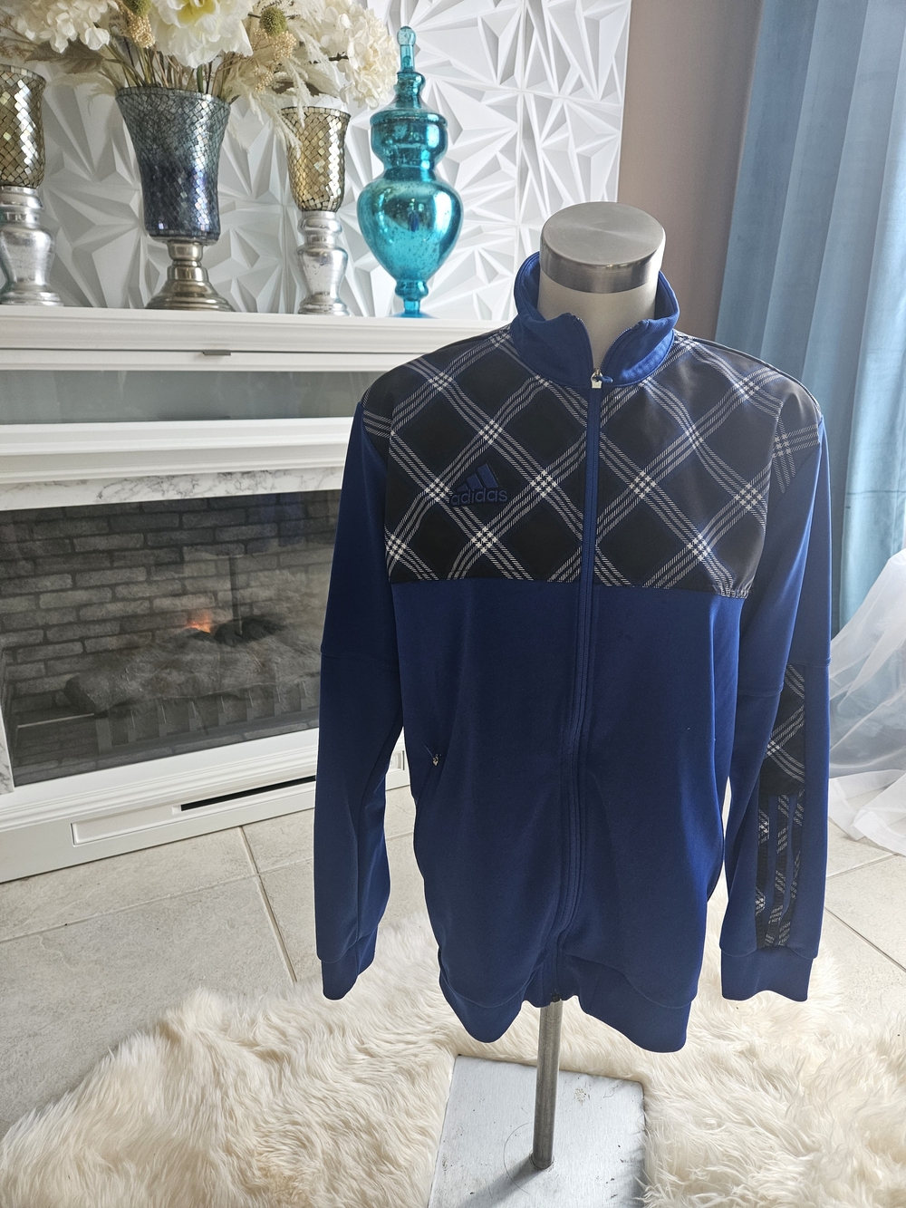 adidas Men’s Blue Full-Zip Sweater Jacket with Plaid Yoke